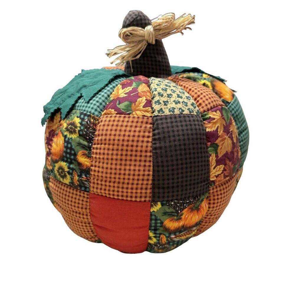 MTY International Co Ltd Large Fabric Patchwork Pumpkin 12” Fall Halloween Decor
